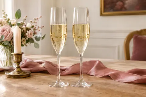 Deux flûtes à champagne en cristal ornées d’un décor doré en volutes, posées sur une table en bois clair.