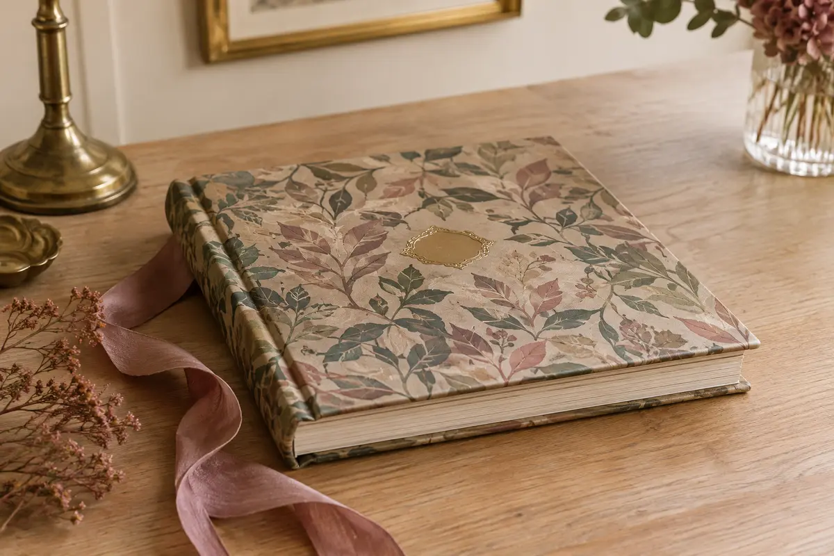 Livre d’or carré à couverture rigide, motif de feuilles vintage et détail doré, posé sur une table claire.