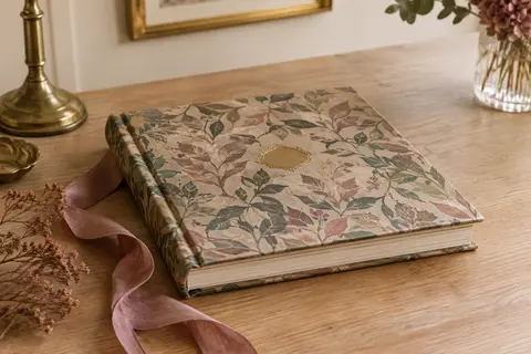 Livre d’or carré à couverture rigide, motif de feuilles vintage et détail doré, posé sur une table claire.