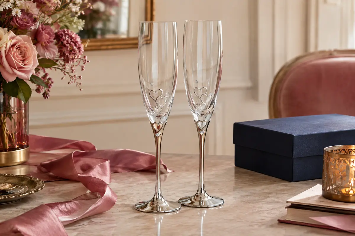 Deux flûtes à champagne en verre avec motifs de cœur, strass et bases en métal argenté