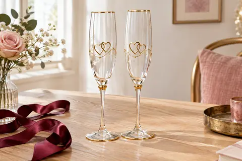 Deux flûtes à champagne en cristal aux cœurs entrelacés et détails dorés, posées sur une table claire