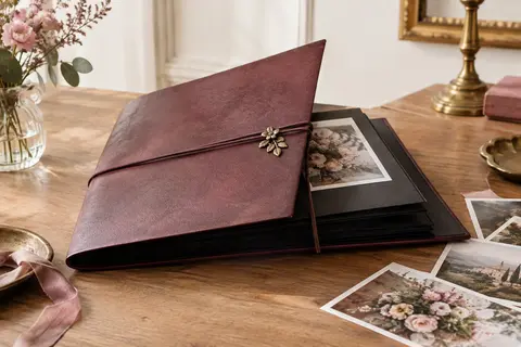 Album de mariage en cuir artificiel entrouvert sur ses pages noires, décoré d’un cordon et d’un ornement floral