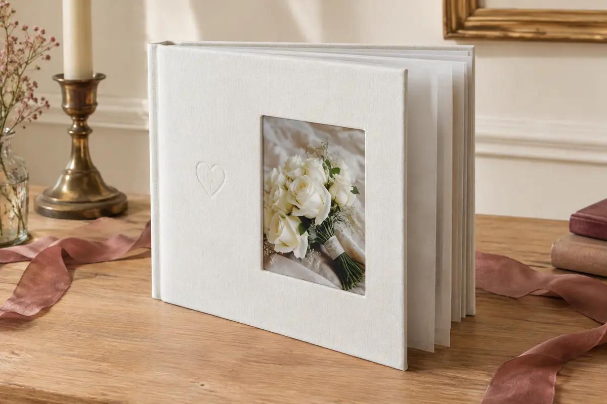 Album de mariage en lin blanc à cœur gaufré, avec un bouquet de roses blanches dans la découpe de couverture, entrouvert sur ses pages blanches.