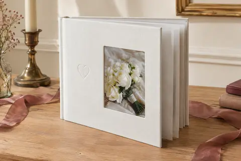 Album de mariage en lin blanc à cœur gaufré, avec un bouquet de roses blanches dans la découpe de couverture, entrouvert sur ses pages blanches.