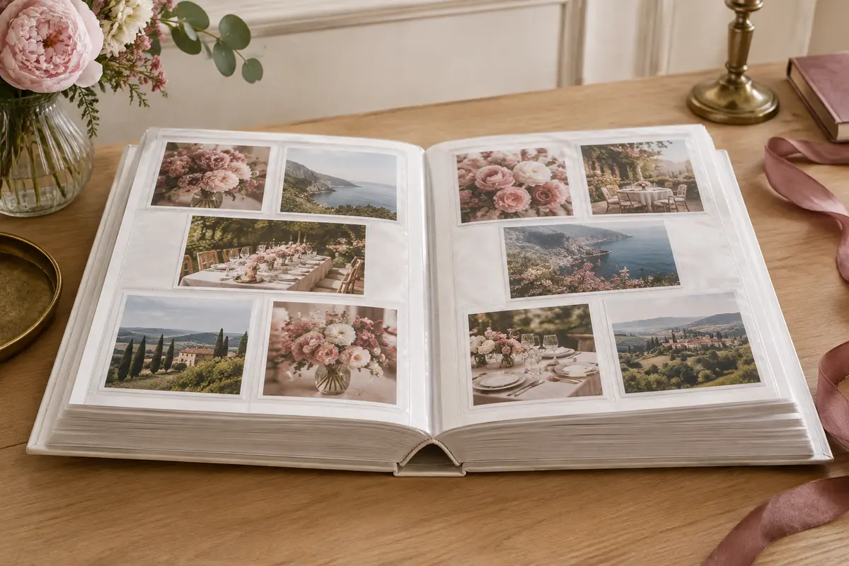 Grand album photo blanc très épais, ouvert sur des pages à pochettes transparentes garnies de tirages de fleurs et de paysages.