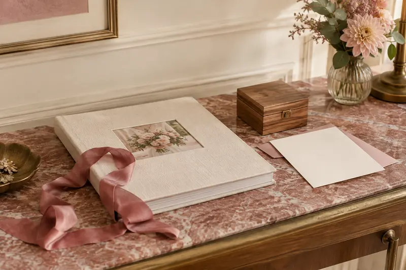 Album texturé, ruban de soie et boîte en bois composent une scène inspirante autour du cadeau de mariage.